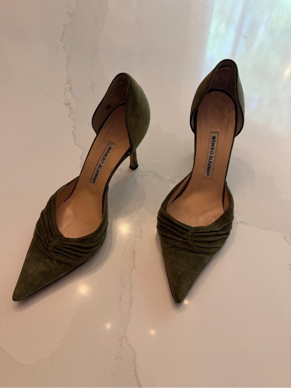 Manolo Blahnik Olive Green Suede Pointed D'Orsay Pumps